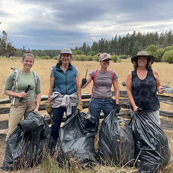 Volunteers help pull weeds at Camp Polk Meadow Preserve. Photo: Land Trust.