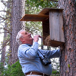 Jim Anderson checks a nestbox at the Metolius Preserve. Photo: Alan St. John.