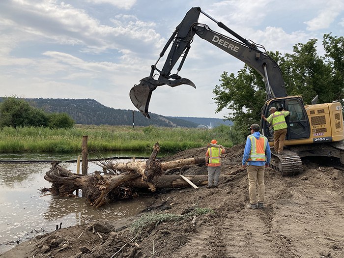 Crews work on building one of the log habitat structures on McKay Creek at Ochoco Preserve. Photo: Land Trust.