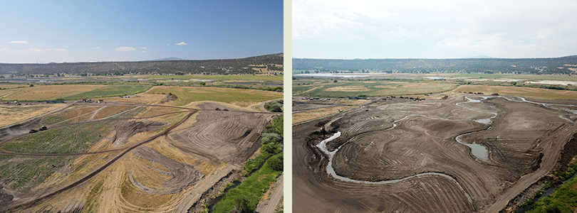 Part of Ochoco Preserve as construction began and after new channels of McKay Creek have been created. Photos: Land Trust.