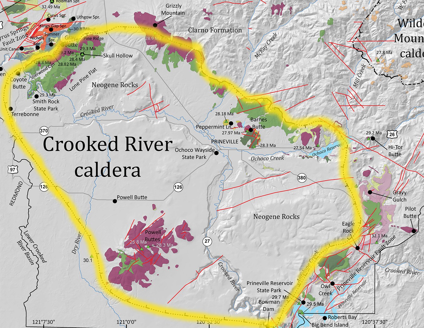 The boundaries of the Crooked River Caldera, highlighted here. Graphic: J.D. McClaughry, from Field Trip Guide to the Oligocene Crooked River caldera: Central Oregon's supervolcano, Crook, Deschutes, and Jefferson Counties, Oregon.