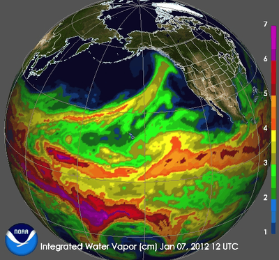 An atmospheric river moves towards British Columbia. Image: NOAA.