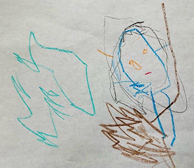 Olive, age 2, loves to go outside. Her drawing shows her favorite things in nature: animals, flowers, and trees.