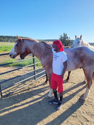 Ahmad Koya and a horse at Rainshadow Organics. Photo provided.