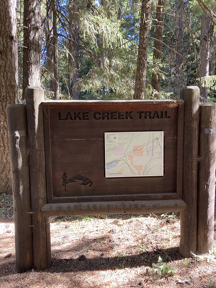 Lake Creek Trail sign at Suttle Lake. Photo: Land Trust.