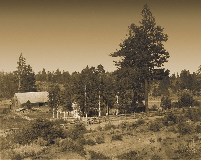 The Hindman house and barn. The dirt road in front of the fence marks the route of the historic Santiam Wagon Road. Photo: courtesy of Jan Hodgers.