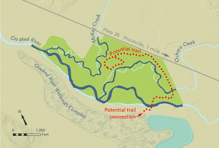 Ochoco Preserve (bright green area of map) with conceptual restored portions of waterways (dark blue) and trail connections (red). Map: Deb Quinlan. 