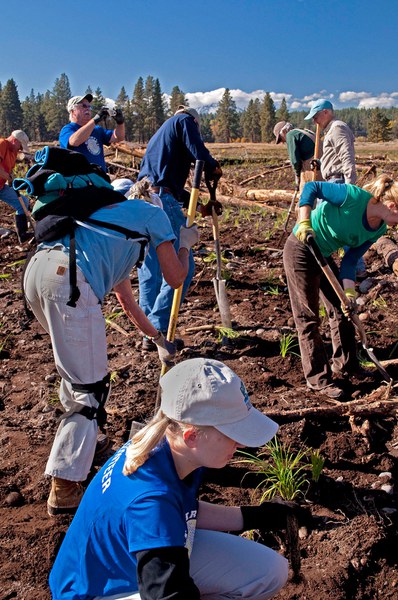 Volunteers help plant vegetation along the restored Whychus Creek channel at Camp Polk Meadow Preserve. Photo: MA Willson.